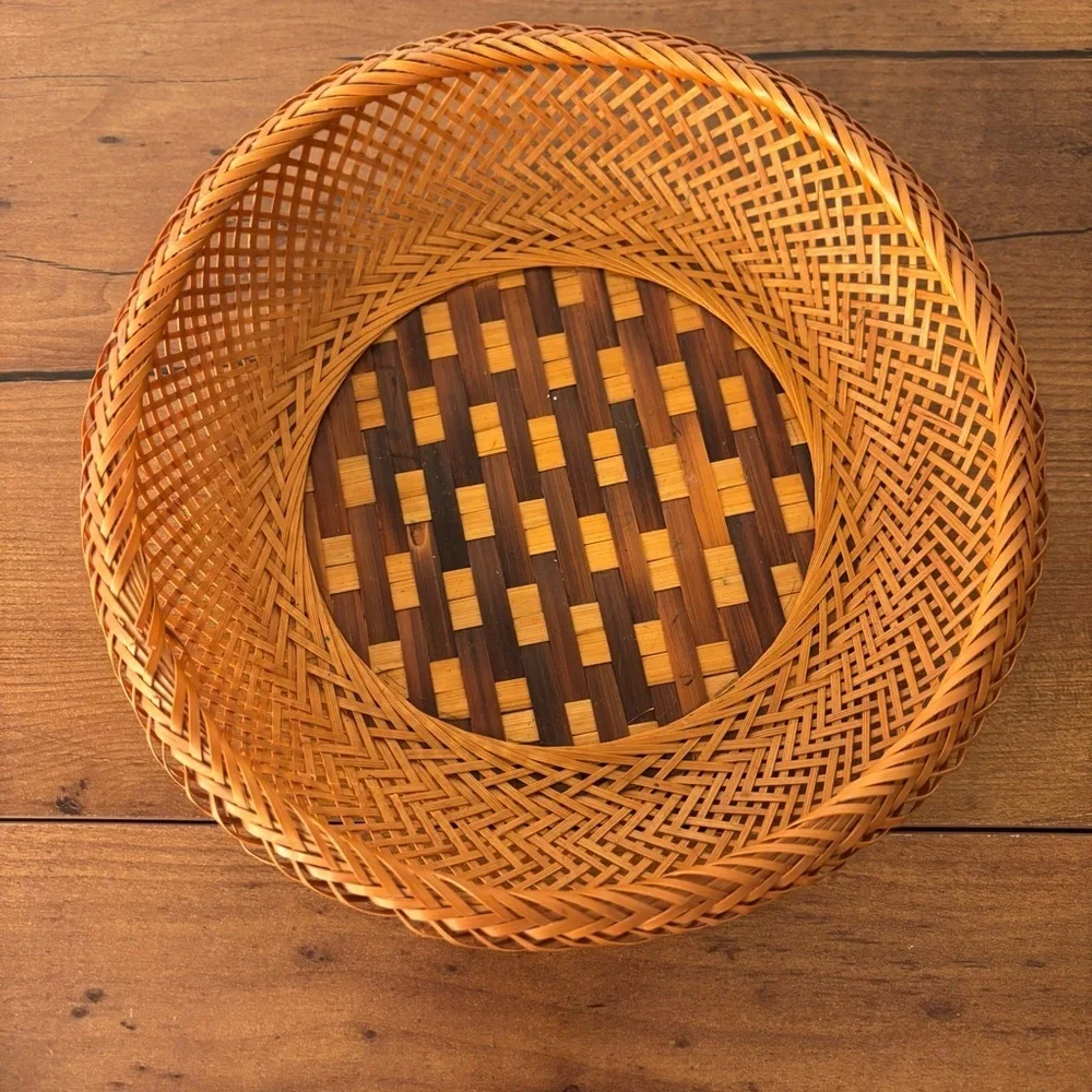 Vintage Small Woven Basket with Checkered Base Wicker Rattan